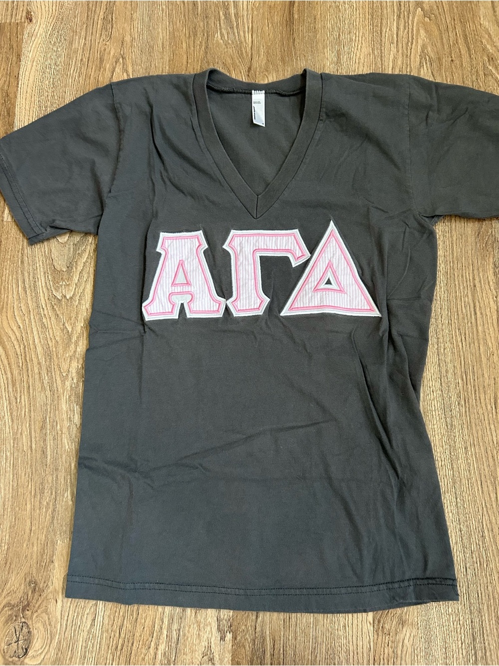 Alpha Gamma Delta American Apparel Gray V-Neck Tee with Pink Lettering